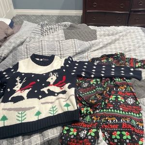 Budweiser onesie and Suedouche Christmas sweater